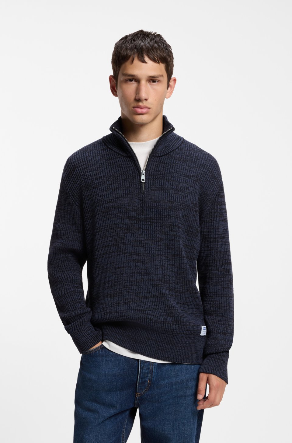 Relaxed-fit zip-neck sweater with mouliné texture