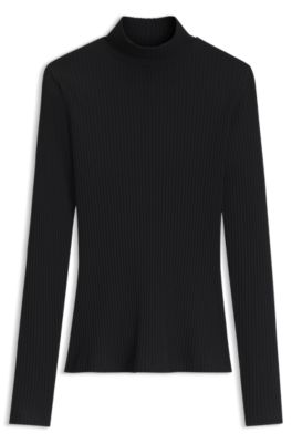 Rollneck top in ribbed stretch jersey with metallic logo, Black
