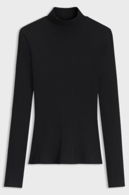 Rollneck top in ribbed stretch jersey with metallic logo, Black