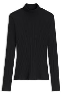 Rollneck top in ribbed stretch jersey with metallic logo, Black