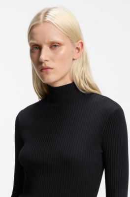 Rollneck top in ribbed stretch jersey with metallic logo, Black