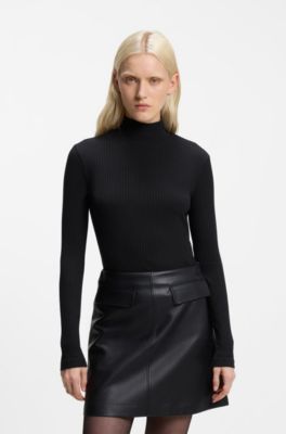 Rollneck top in ribbed stretch jersey with metallic logo, Black