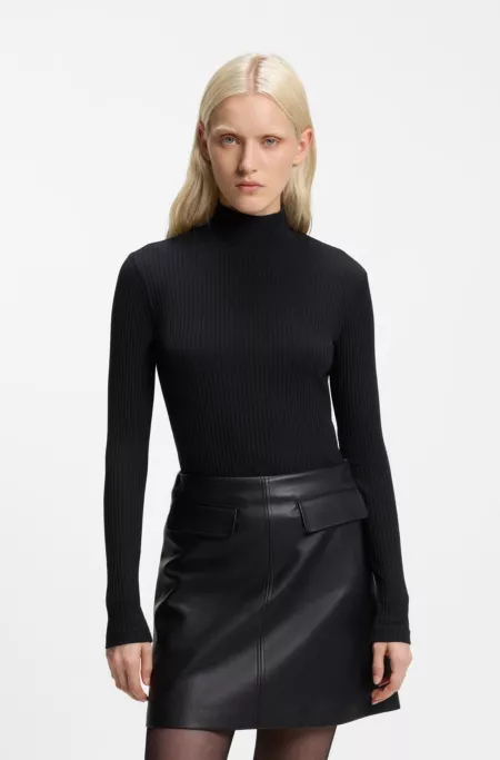 Rollneck top in ribbed stretch jersey with metallic logo