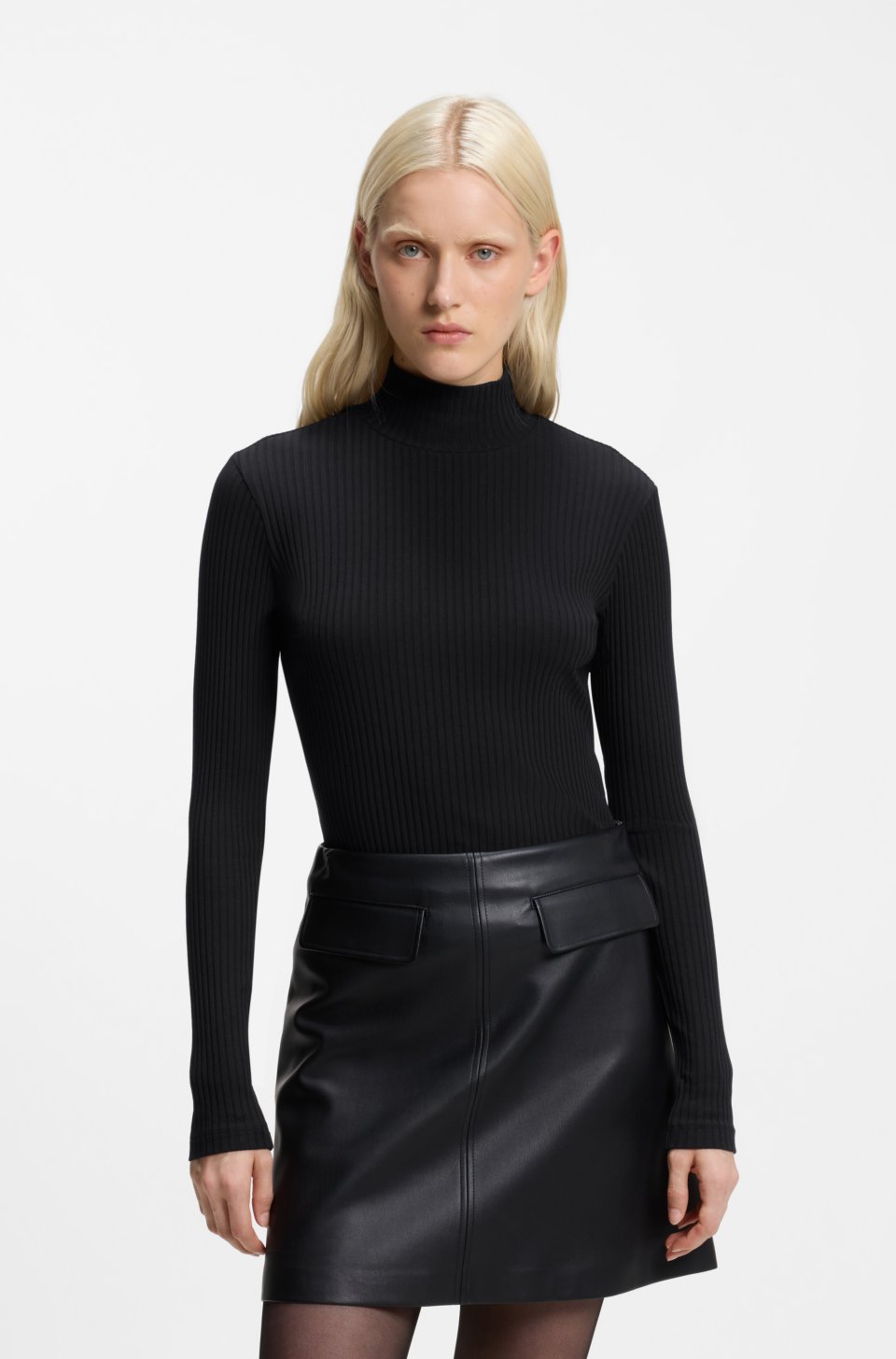 Rollneck top in ribbed stretch jersey with metallic logo