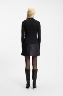 Rollneck top in ribbed stretch jersey with metallic logo, Black