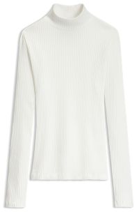 Rollneck top in ribbed stretch jersey with metallic logo, Natural