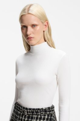 Rollneck top in ribbed stretch jersey with metallic logo, Natural