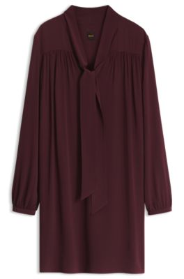 Tie-neck tunic dress in crepe de chine, Dark Red