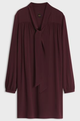 Tie-neck tunic dress in crepe de chine, Dark Red