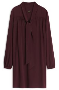 Tie-neck tunic dress in crepe de chine, Dark Red
