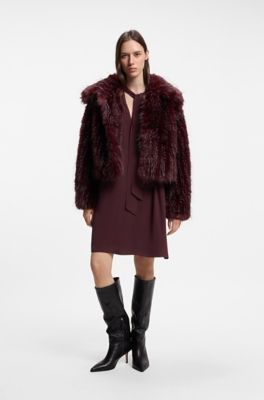 Tie-neck tunic dress in crepe de chine, Dark Red