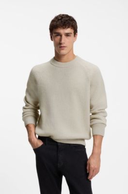 Relaxed-fit sweater with ribbed zig-zag structure, Light Beige