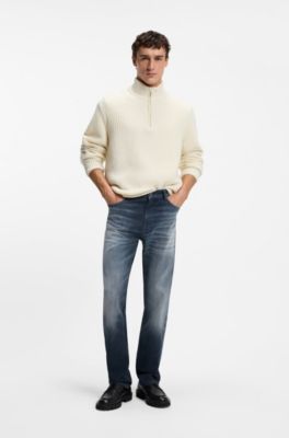 Zip-neck sweater with knitted structure, Natural