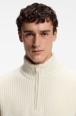 Zip-neck sweater with knitted structure, Natural
