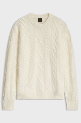 Cable-knit sweater in virgin wool, Natural