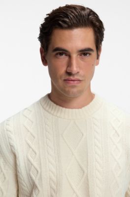 Cable-knit sweater in virgin wool, Natural