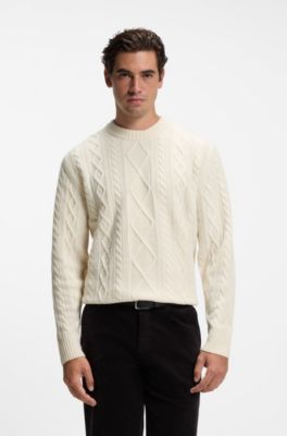 Cable-knit sweater in virgin wool, Natural
