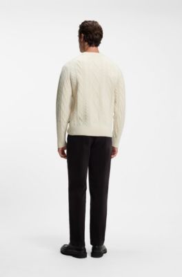 Cable-knit sweater in virgin wool, Natural