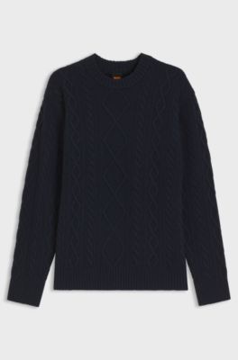 Cable-knit sweater in virgin wool, Dark Blue