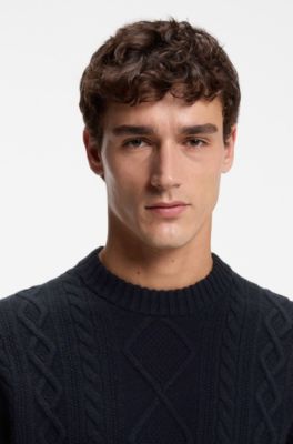 Cable-knit sweater in virgin wool, Dark Blue