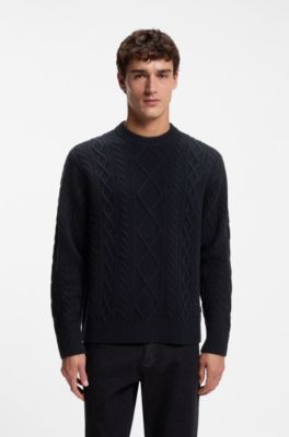 Cable-knit sweater in virgin wool, Dark Blue