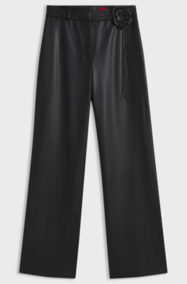 Wide-leg trousers in faux leather with floral embellishment, Black