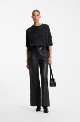 Wide-leg trousers in faux leather with floral embellishment, Black