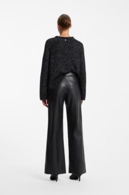 Wide-leg trousers in faux leather with floral embellishment, Black
