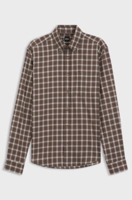 Regular-fit casual shirt in checked cotton flannel, Brown Patterned