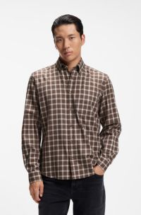 Camicia casual regular fit in flanella di cotone a quadri, Marrone a motivi