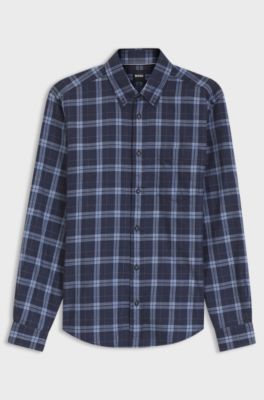 Regular-fit casual skjorte i ternet bomuldsflannel, Bl&aring; m&oslash;nstret
