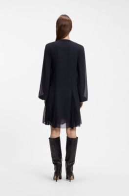 Vestito corto con inserti pliss&eacute;, Blu scuro