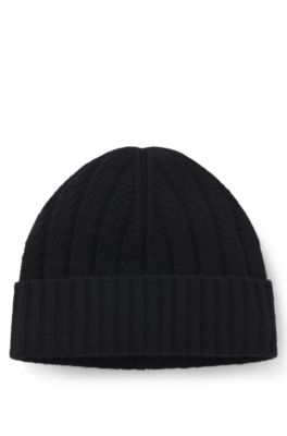 Cashmere beanie hat with Aran cable knit, Black