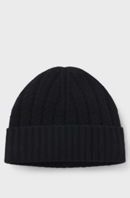Cashmere beanie hat with Aran cable knit, Black