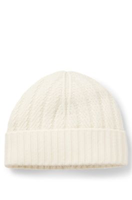 Cashmere beanie hat with Aran cable knit, Natural