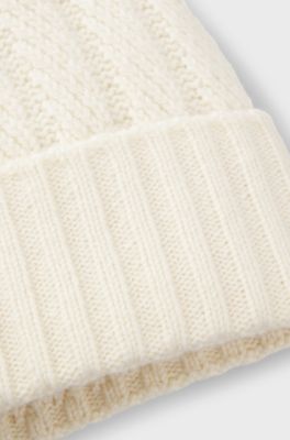 Cashmere beanie hat with Aran cable knit, Natural