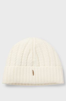 Cashmere beanie hat with Aran cable knit, Natural