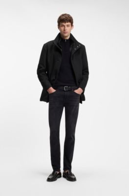 Italian fabric formal coat with a stand collar, Black