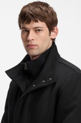 Italian fabric formal coat with a stand collar, Black