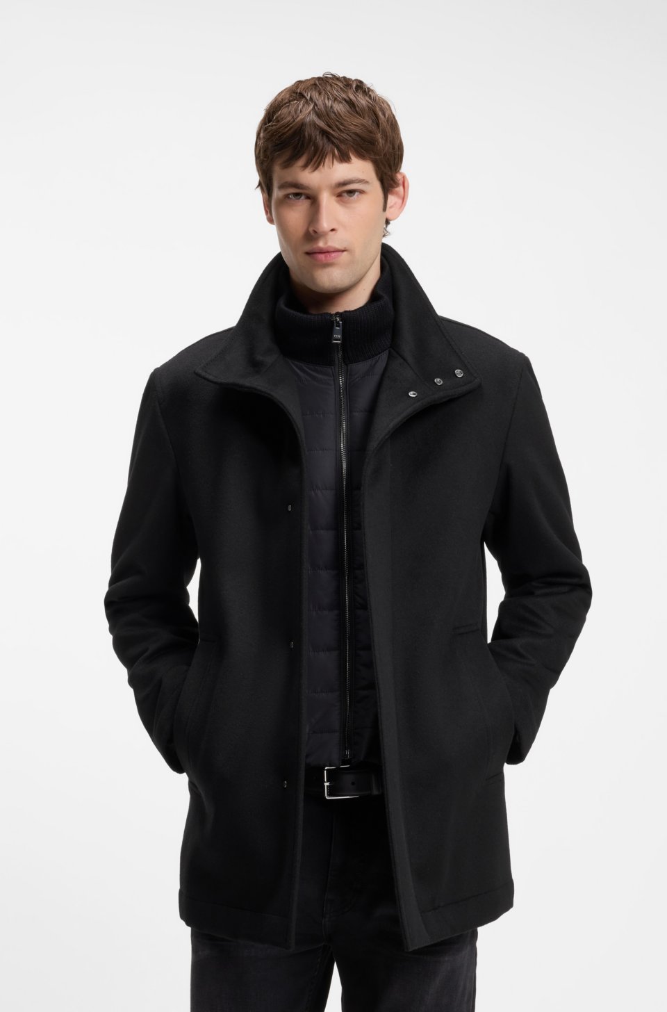 Italian fabric formal coat with a stand collar