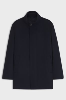 Italian fabric formal coat with a stand collar, Dark Blue