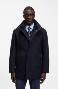 Italian fabric formal coat with a stand collar, Dark Blue