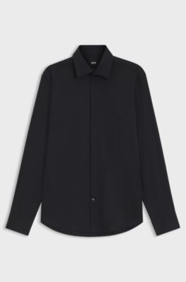 Easy-iron regular-fit shirt in cotton satin, Dark Blue
