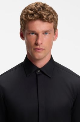 Easy-iron regular-fit shirt in cotton satin, Dark Blue