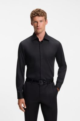 Easy-iron regular-fit shirt in cotton satin, Dark Blue