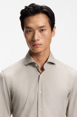 Slim-fit shirt in stretch fabric with Vichy check, Brown Patterned