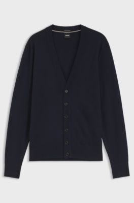Buttoned cardigan in extra-fine merino wool, Dark Blue