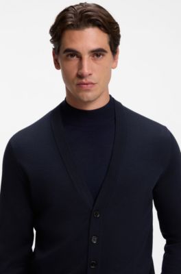 Buttoned cardigan in extra-fine merino wool, Dark Blue