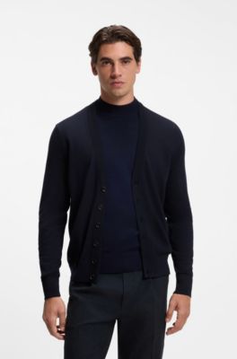 Buttoned cardigan in extra-fine merino wool, Dark Blue