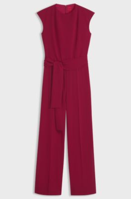 Tuta jumpsuit in cr&ecirc;pe con cintura, Rosso scuro